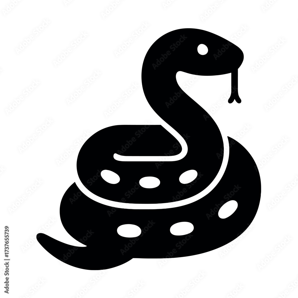 Fototapeta premium Black silhouette of coiled snake icon with forked tongue