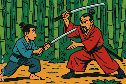 Training illustration vector precise session forest apprentice bamboo sword samurai demonstrating moves