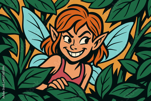 Fairy illustration out grin mischievous peek peeking cheeky leaves vector behind