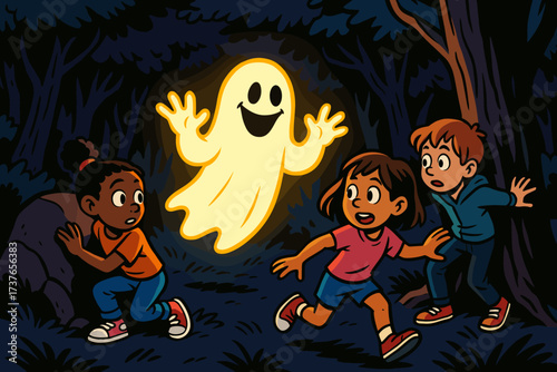 Vector seek children ghostly clearing dark ghost playing illustration hide forest