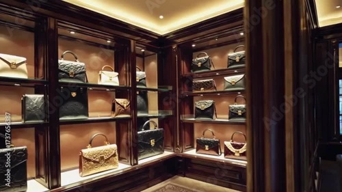  Elegant interior of a luxury walk-in closet or high-end boutique with a collection of expensive designer handbags displayed on illuminated shelves.