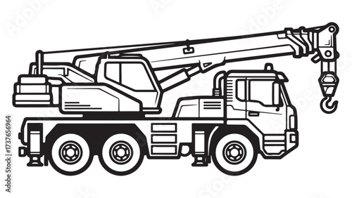 Heavy-duty truck crane illustration in black and white line art