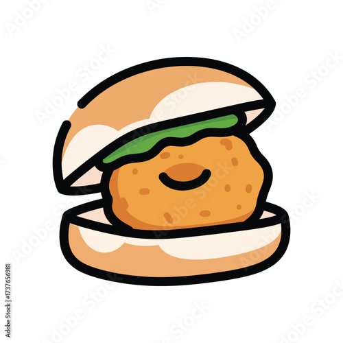 Delicious cartoon fried patty sandwich with fresh greens, a quick and tasty meal concept illustration