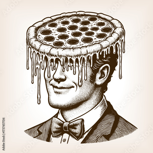 man in a suit and bow tie with a dripping melting pizza as his head, symbolizing humor and surreal art sketch engraving generative ai vector illustration. Scratch board imitation. Black and white.