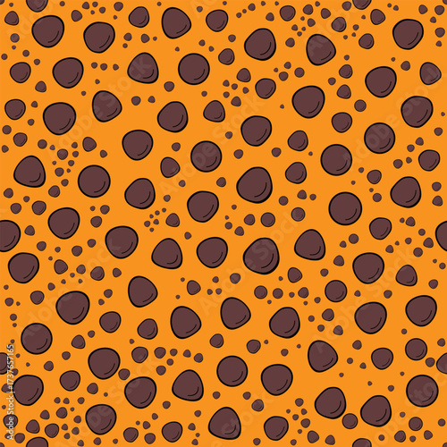 Brown pebbles pattern on an orange background with a playful cartoon style. The stones come in different shapes and sizes. Seamless pattern vector illustration
