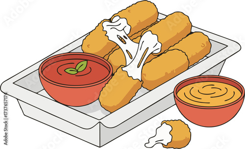 Mozzarella Cheese Sticks with Marinara and Cheese Dips on Tray Vector – Fast Food Snack Cartoon