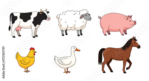 Farm Animals Collection Cow Sheep Pig Chicken Duck Horse Cute Cartoon Vector Illustration