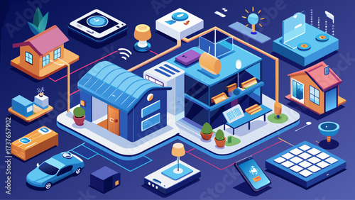 Isometric smart home environment with connected devices, IoT appliances, digital network, living room furniture, kitchen utilities, automated systems, AI security, renewable energy panels, eco-