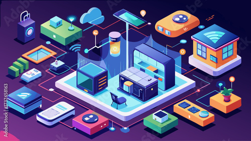 Isometric smart home environment with connected devices, IoT appliances, digital network, living room furniture, kitchen utilities, automated systems, AI security, renewable energy panels, eco-