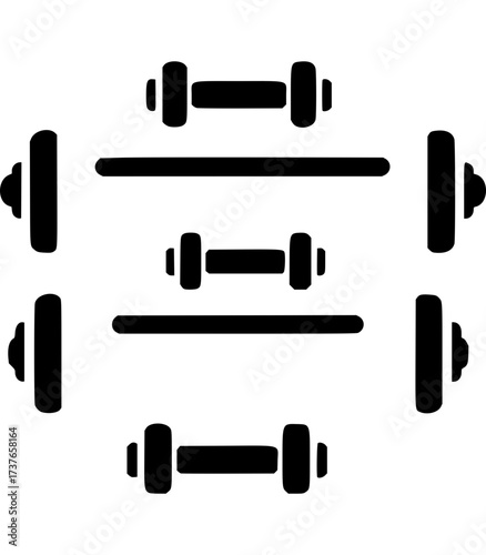 Vector illustration showing symmetrical arrangement of multiple dumbbells in a circle,  weightlifting, exercise, and fitness.
