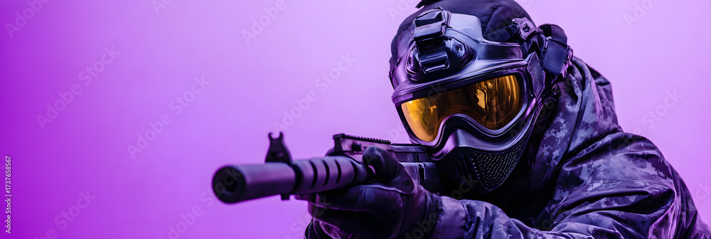 Fototapeta premium Palette of Pain: A Bright and Energetic Scene from a Colourful Paintball Competition wide banner - purple background