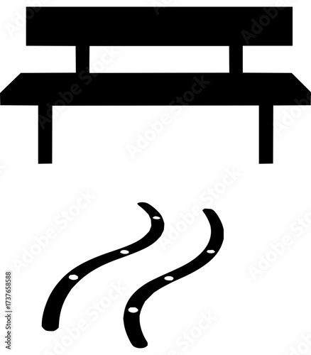 Simple black vector illustration of a park bench with curving dotted lines suggesting a path or decorative trail below.