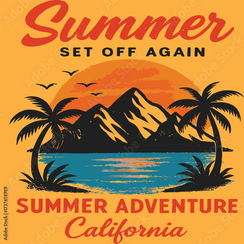 Print summer t-shirt design description focuses on vibrant, beachy, or nature-inspired graphics, using a bright, often tropical color palette. Common design elements include flamingos, pineapples, pal
