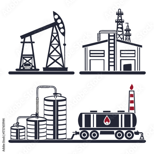 Collection of industrial oil and gas extraction and processing symbols including a pumpjack refinery storage tanks and a train car