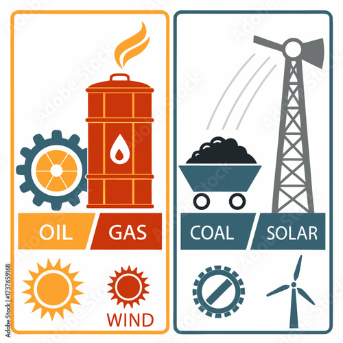 Illustration comparing fossil fuels like oil gas and coal with renewable energy sources such as solar and wind power
