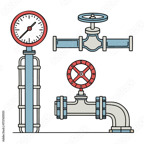 Industrial plumbing system components including a pressure gauge and two different types of valves on pipes