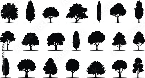 Diverse Tree Silhouettes Collection: Deciduous, Coniferous, and Evergreen Varieties for Landscape Design, Nature Illustration, and Architectural Rendering Projects, Vector Graphic Elements