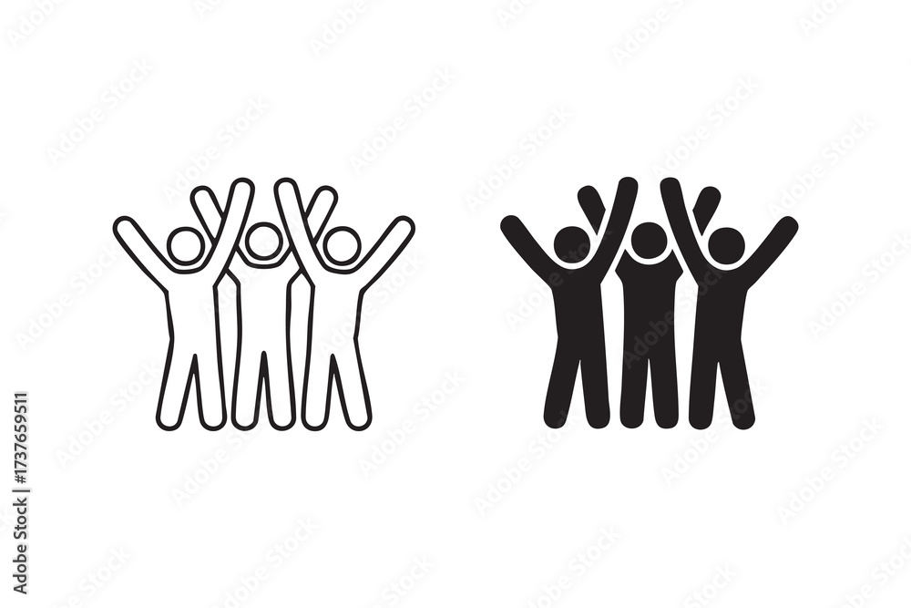 Obraz premium Human Figures with Raised Hands Icon Black White Teamwork Illustration