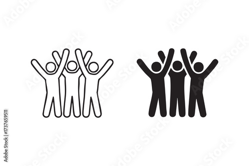 Human Figures with Raised Hands Icon Black White Teamwork Illustration