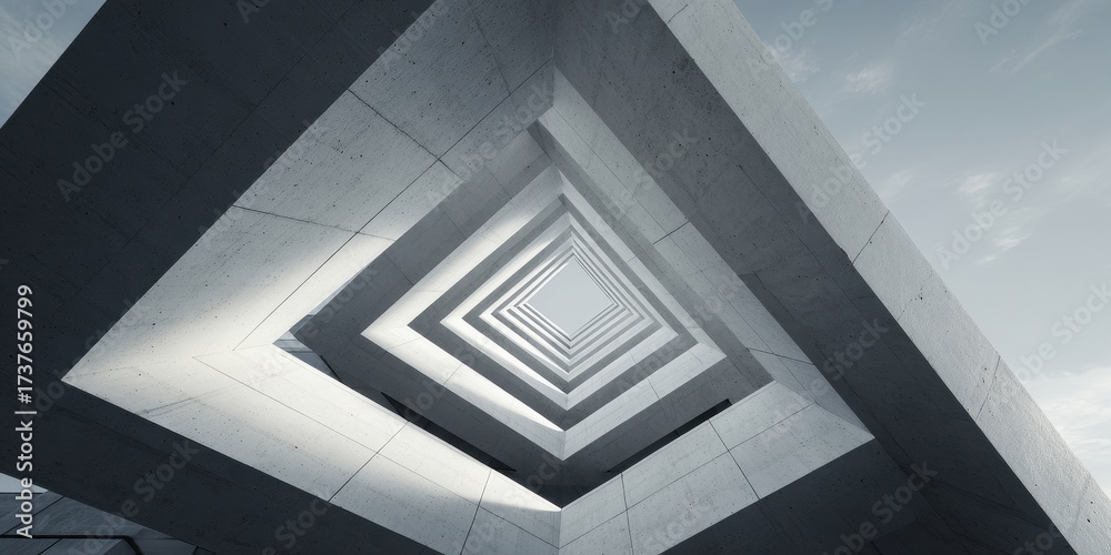 Fototapeta premium Abstract perspective of a geometric concrete tunnel or skylight with repeating squares.