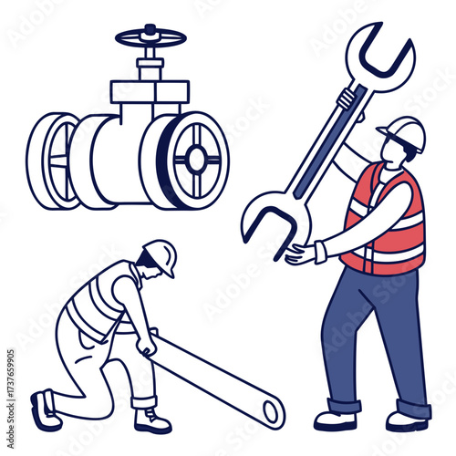 Two construction workers in hard hats and safety vests performing plumbing and pipe fitting tasks with large tools and a valve