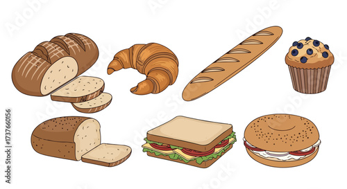 Delicious Assortment of Baked Goods and Sandwiches Perfect for Food Marketing and Design