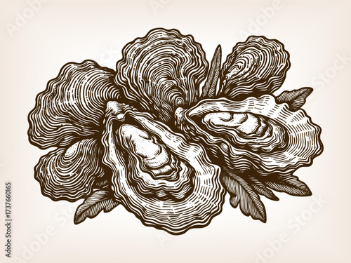 oysters with open and closed shells, symbolizing seafood, ocean harvest, and gourmet culinary delicacies sketch engraving generative ai vector illustration. Scratch board imitation. Black and white.
