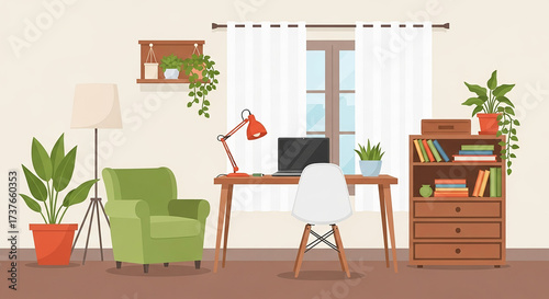 Vector of a Cozy Home Office Room with Green Armchair Desk Laptop Plants and Books in Bright Natural Light