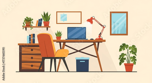 Vector of a Modern Home Office Desk with Laptop Desk Lamp and Indoor Plants in Cozy Workspace