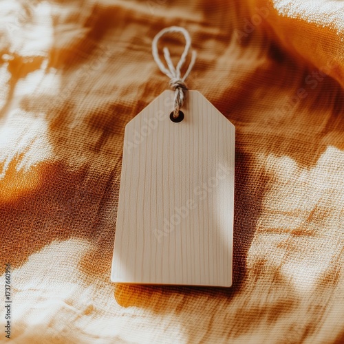 Wooden tag on textured fabric with light play