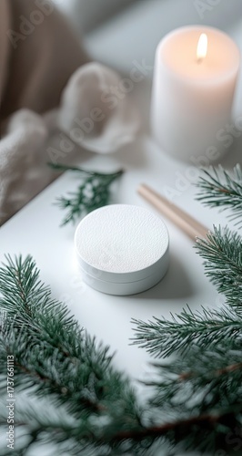 Serene holiday scene candle, greenery, and blank space