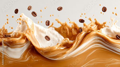 Cream splash coffee wave latte art milk swirl espresso bean caramel tone liquid motion splash photography abstract fluid creamy texture surge with lively energy and dynamic rhythm