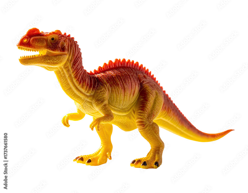 Naklejka premium A small, yellow and red plastic dinosaur toy, isolated on black background