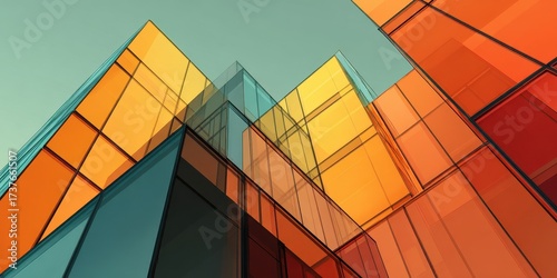 Colorful modern building facade with vibrant glass panels and geometric lines.