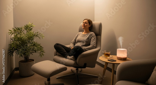 Serene workplace wellness room featuring relaxed employee seated in comfortable chair, promoting mental health and wellbeing. diffuser and tea enhance calming atmosphere, boosting productivity