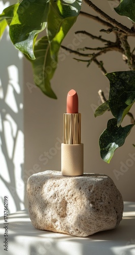 Lipstick on stone, plant shadows. Aesthetic beauty shot