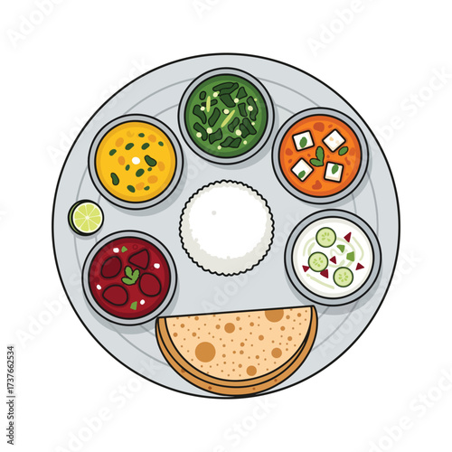 Delicious Traditional Indian Thali Platter Served with Multiple Dishes