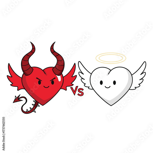 The eternal battle between good and evil hearts personified in a playful illustration.