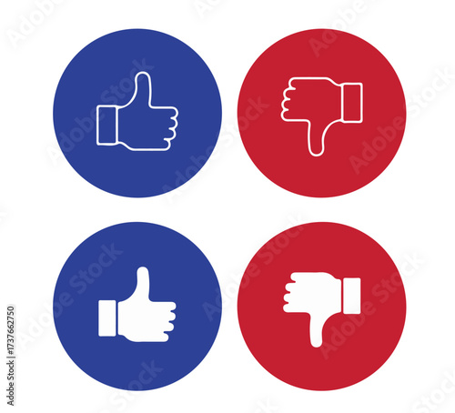 Thumbs up and down icon set. Editable vector illustration of approval and disapproval symbols in outline and solid style. EPS feedback pack