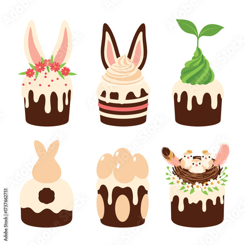 A delightful collection of creatively decorated cakes resembling Easter treats and spring symbols.