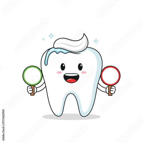 A happy cartoon tooth with toothpaste on its head holding two signs one green and one red.