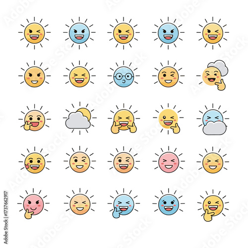 A collection of diverse sun emojis expressing various emotions and weather conditions for digital communication.