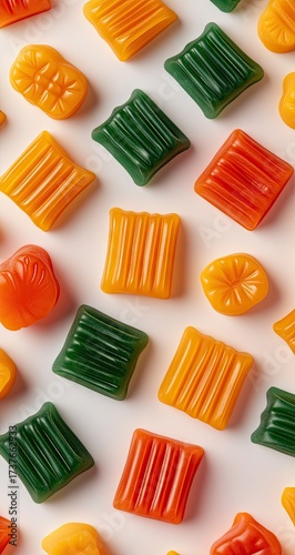 Multicolored candy pieces arranged on a white surface