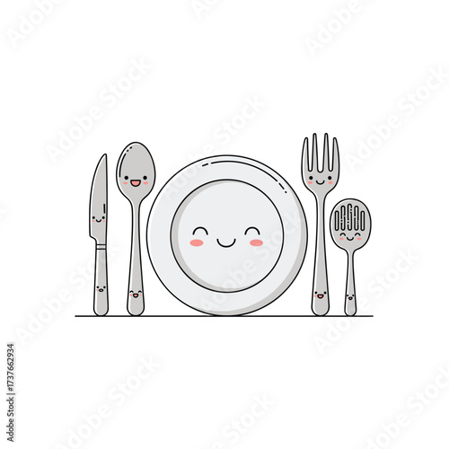 A cute set of cutlery and a plate with happy faces looking forward to mealtime.