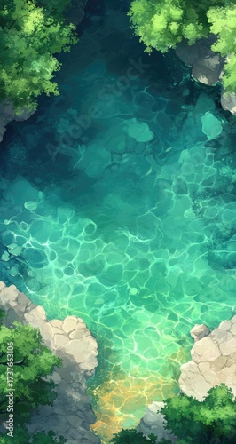 Clear pond surrounded by green trees, top-down view