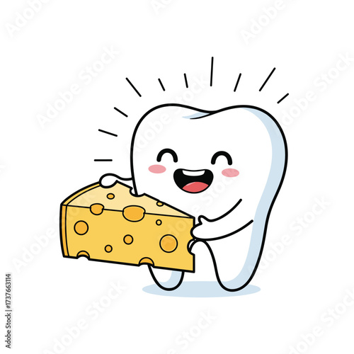 A happy cartoon tooth hugging a slice of delicious swiss cheese.