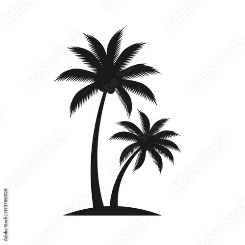 Silhouette of two palm trees standing on a small island with a white background.