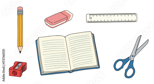 Open Notebook and School Supplies Pencil Eraser Ruler Pencil Sharpener Scissors Back to School Concept Illustration