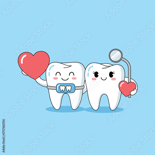 Adorable cartoon teeth embracing with hearts and dental tools signaling a healthy smile.
