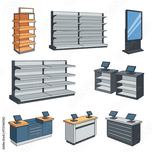 Various retail display fixtures and checkout counters in a store setting.